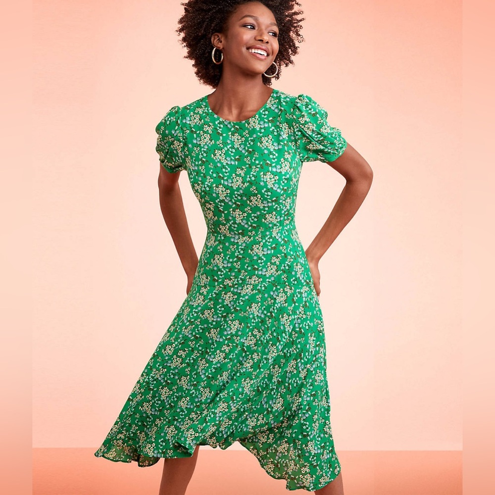 LOFT Buttercup Puff Sleeve Flounce Dress